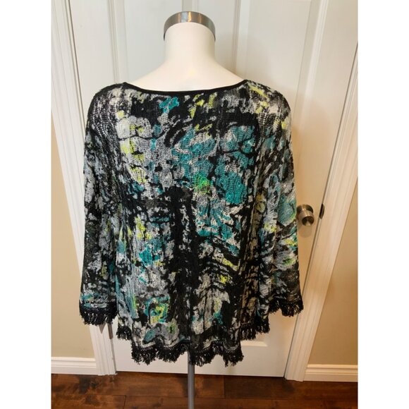 Alberto Makali Black, Blue & Yellow Knit Poncho Fringe Trim, NWT! Size Large - Picture 4 of 5